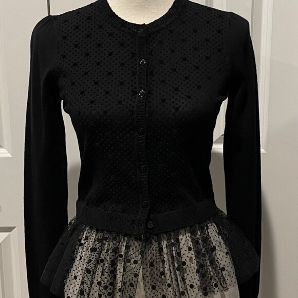 RED VALENTINO BLACK SWISS DOT AND LACE PEPLUM CARDIGAN - Picture 1 of 5